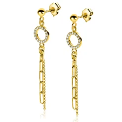 Outlet Zinzi 46mm gold plated zilveren oorstekers met bungelende paperclip en gourmet schakels, bevestigd aan een open rondje bezet met witte zirconia's ZIO2464Y