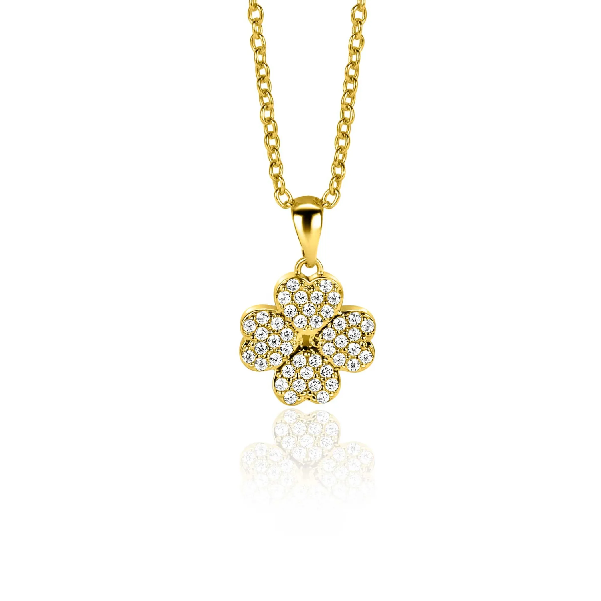 Online Zinzi 16mm gold plated zilveren klaver vier hanger bezet met witte zirconia's ZIH2618 (zonder collier)