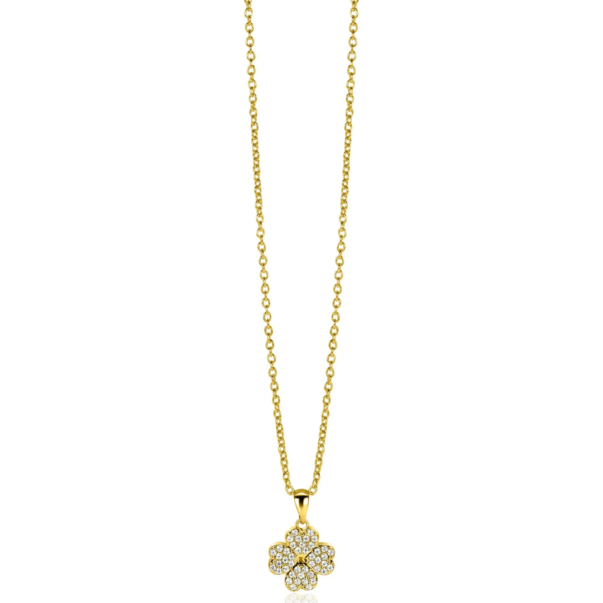 Online Zinzi 16mm gold plated zilveren klaver vier hanger bezet met witte zirconia's ZIH2618 (zonder collier)