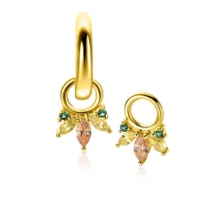 Zinzi 10mm gold plated zilveren oorbedels met vijf speelse zettingen in aflopende grootte, bezet met champagne, peridot en donkergroene kleurstenen ZICH2633GC (zonder oorringen)