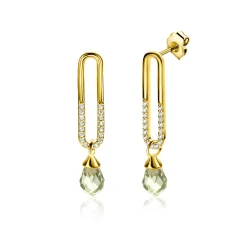 Discount Zinzi 30mm gold plated zilveren oorstekers met trendy open ovale vorm en peervormige hanger groen peridot ZIO2430