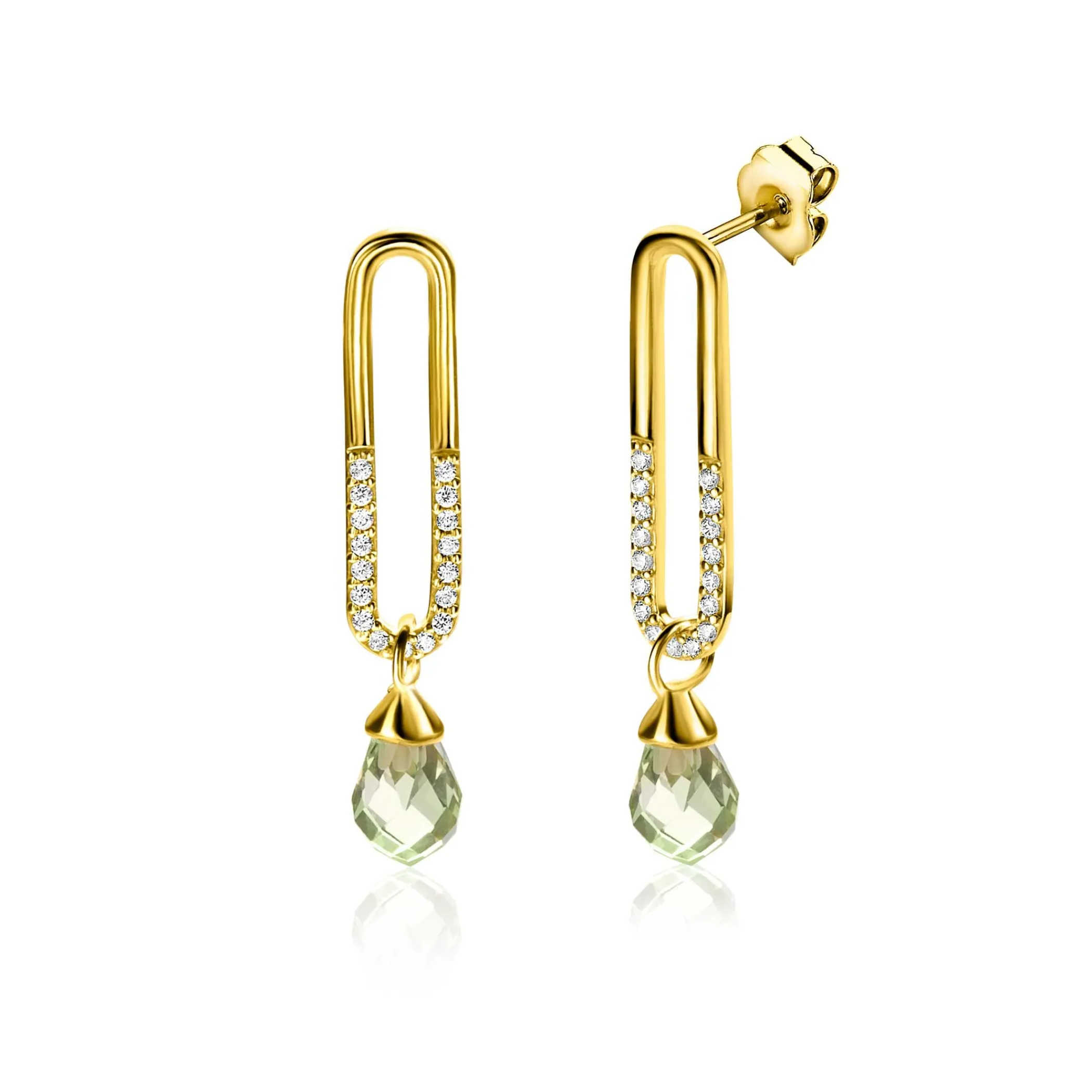 Discount Zinzi 30mm gold plated zilveren oorstekers met trendy open ovale vorm en peervormige hanger groen peridot ZIO2430
