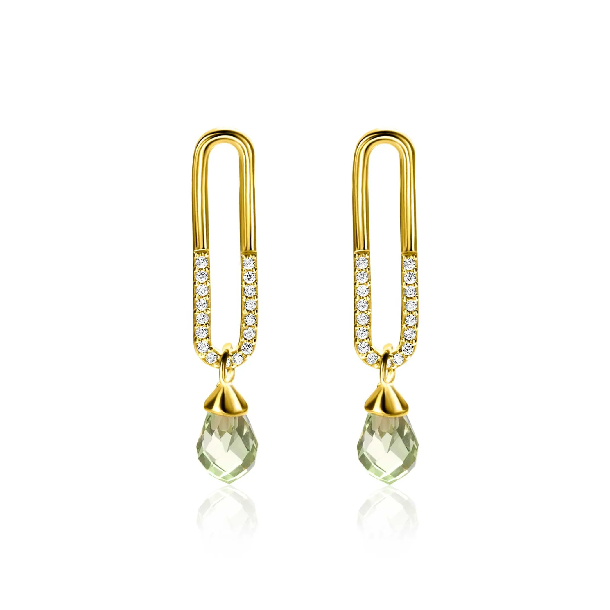 Discount Zinzi 30mm gold plated zilveren oorstekers met trendy open ovale vorm en peervormige hanger groen peridot ZIO2430