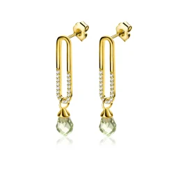 Discount Zinzi 30mm gold plated zilveren oorstekers met trendy open ovale vorm en peervormige hanger groen peridot ZIO2430