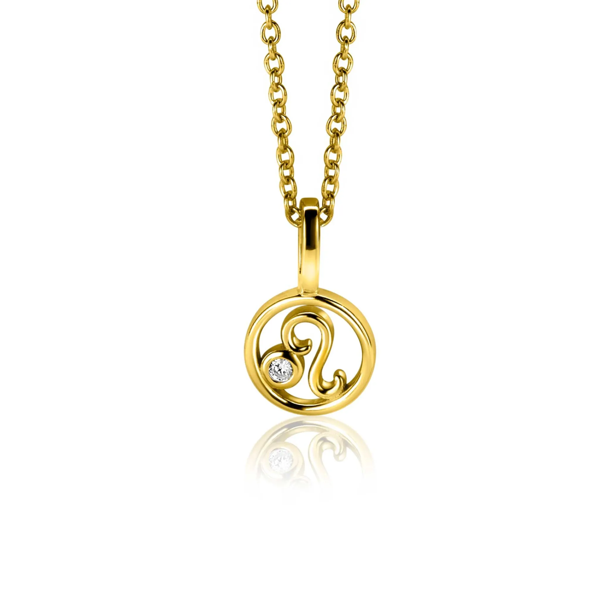 Online Zinzi 9mm gold plated zilveren Leeuw sterrenbeeldhanger bezet met witte zirconia ZIHY-LEE (zonder collier)