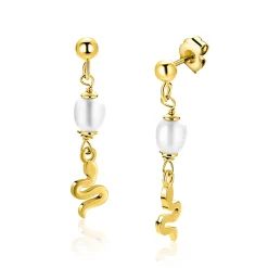 Zinzi 35mm gold plated zilveren oorstekers met slang en witte zoetwaterparel ZIO2761
