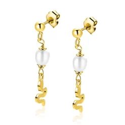Zinzi 35mm gold plated zilveren oorstekers met slang en witte zoetwaterparel ZIO2761