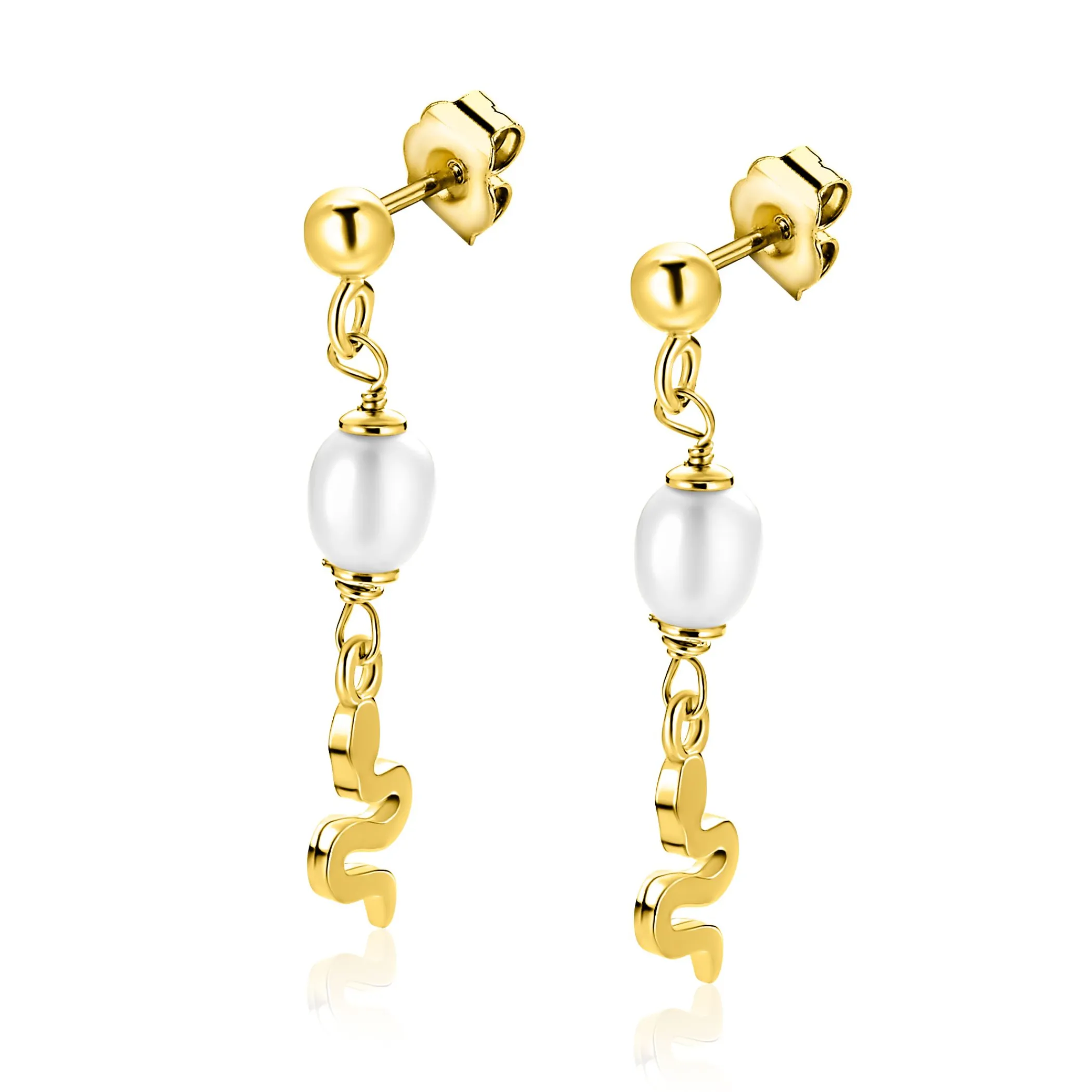 Zinzi 35mm gold plated zilveren oorstekers met slang en witte zoetwaterparel ZIO2761