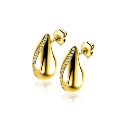 Outlet Zinzi 17mm gold plated zilveren oorstekers in druppelvorm met golvende rij witte zirkonia's ZIO2707Y