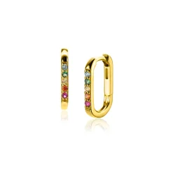 Clearance Zinzi 14mm gold plated zilveren luxe oorringen in ovale vorm bezet met regenboog kleurstenen ZIO2598
