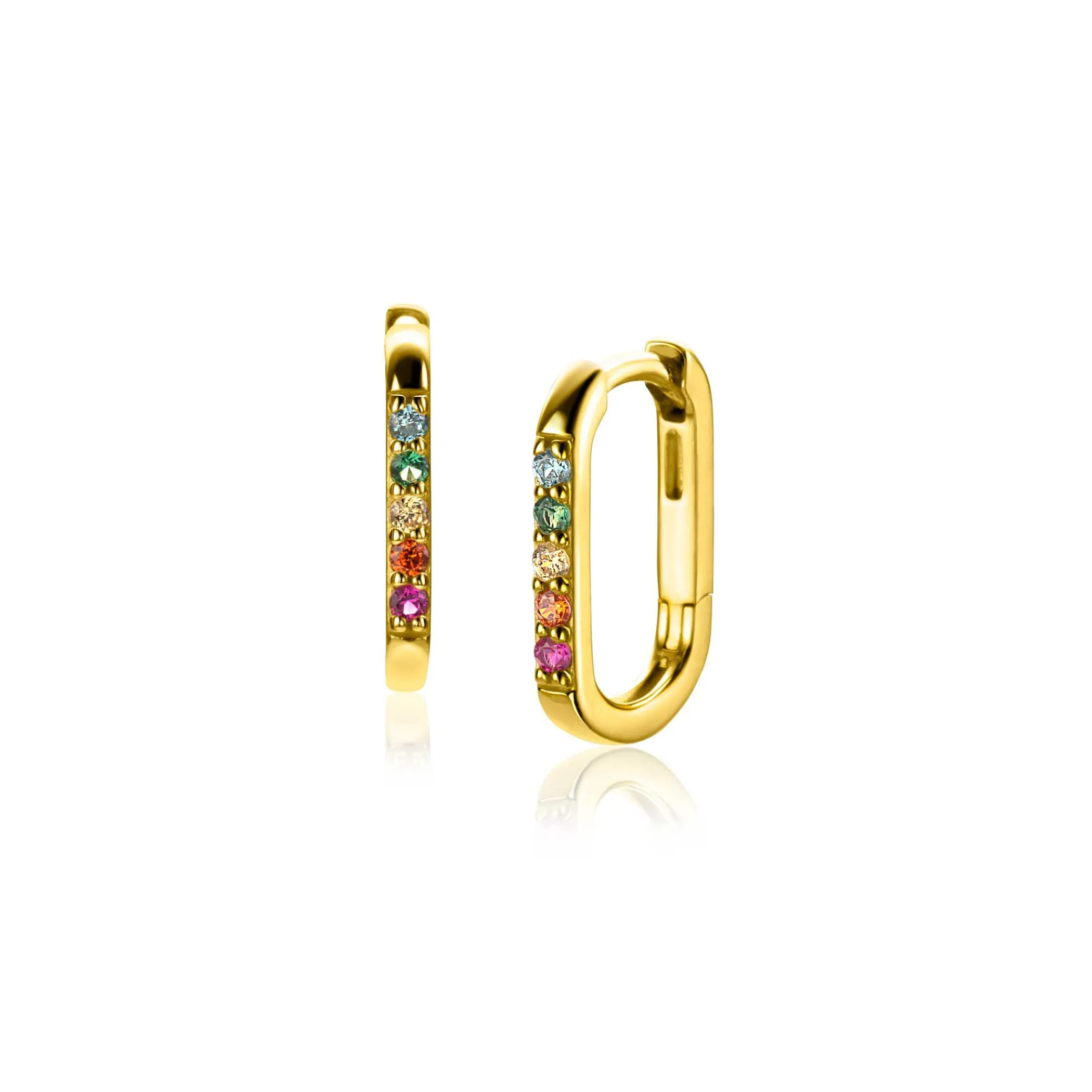 Clearance Zinzi 14mm gold plated zilveren luxe oorringen in ovale vorm bezet met regenboog kleurstenen ZIO2598