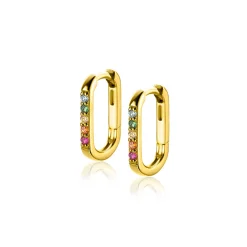 Clearance Zinzi 14mm gold plated zilveren luxe oorringen in ovale vorm bezet met regenboog kleurstenen ZIO2598