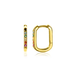 Clearance Zinzi 14mm gold plated zilveren luxe oorringen in ovale vorm bezet met regenboog kleurstenen ZIO2598