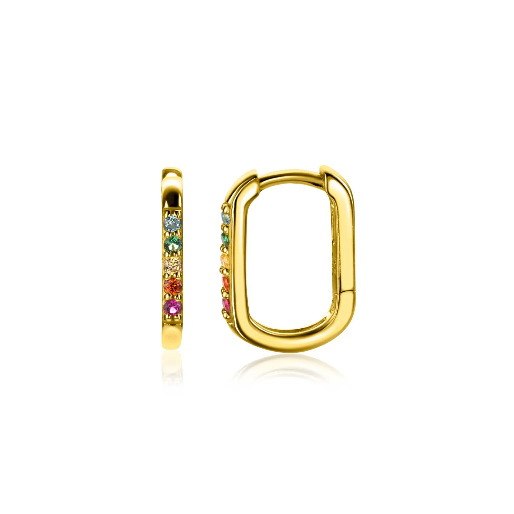 Clearance Zinzi 14mm gold plated zilveren luxe oorringen in ovale vorm bezet met regenboog kleurstenen ZIO2598