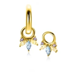 Discount Zinzi 10mm gold plated zilveren oorbedels met vijf speelse zettingen in aflopende grootte, bezet met paarse, champagne en blauwe kleurstenen ZICH2633BC (zonder oorringen)
