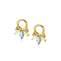 Discount Zinzi 10mm gold plated zilveren oorbedels met vijf speelse zettingen in aflopende grootte, bezet met paarse, champagne en blauwe kleurstenen ZICH2633BC (zonder oorringen)