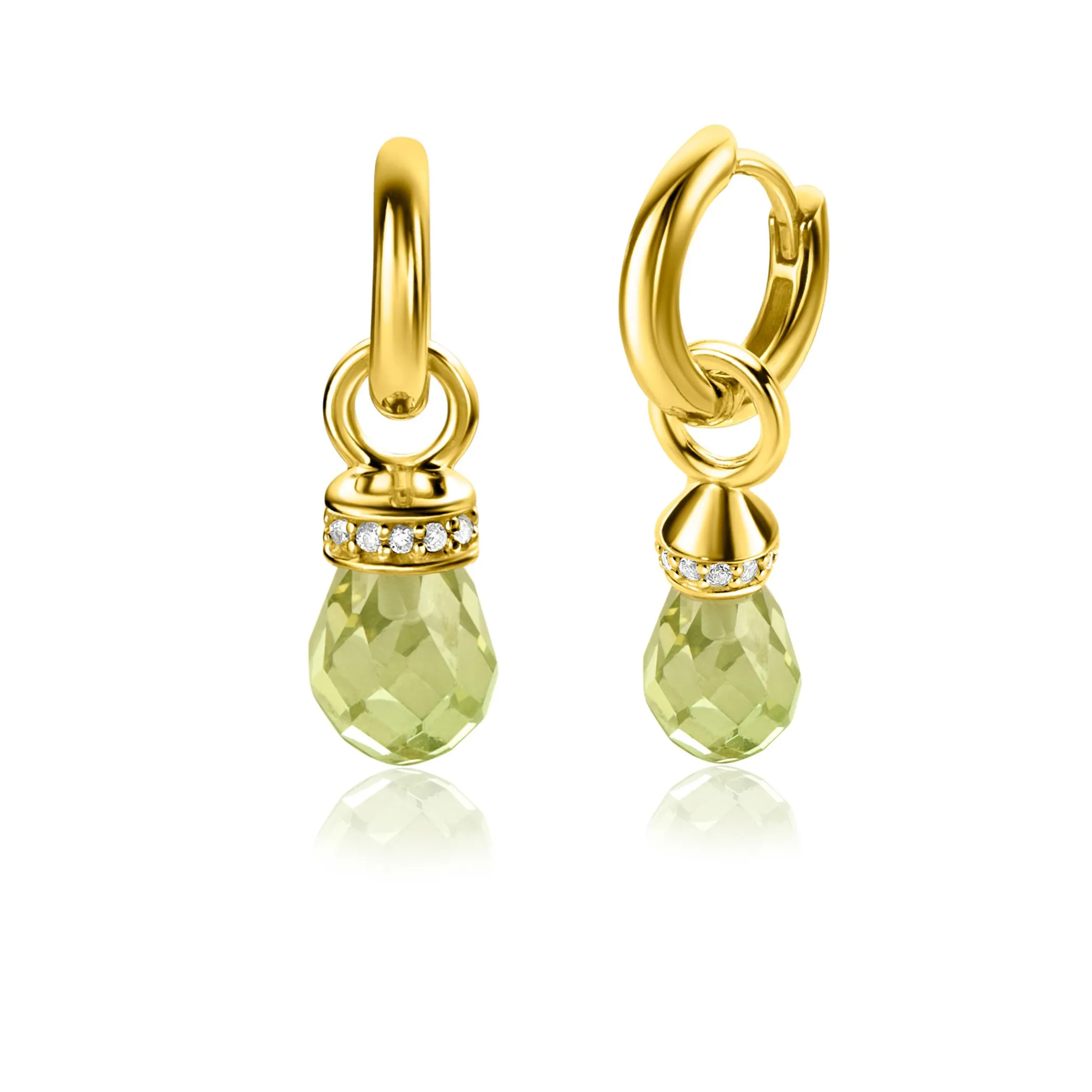 Zinzi 17mm gold plated zilveren oorbedels in peervorm groen peridot en witte zirconia's ZICH2429 (zonder oorringen)