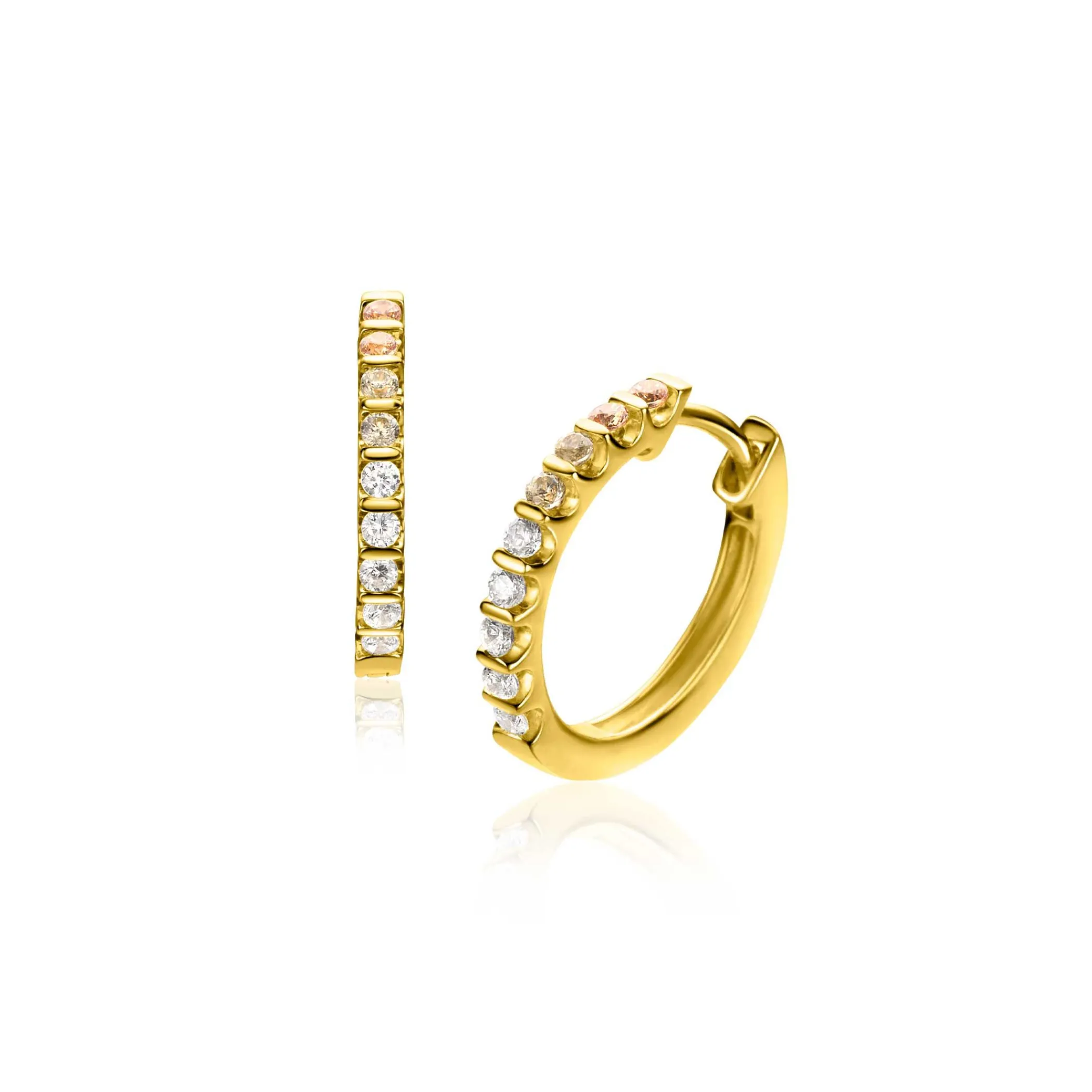 Discount Zinzi 15mm gold plated zilveren oorringen bezet met champagne, peridot en witte zirconia's met luxe klapsluiting ZIO2612