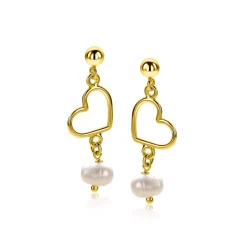 Best Zinzi 30mm gold plated zilveren oorstekers met open hartje en bungelend witte zoetwaterparel ZIO2642