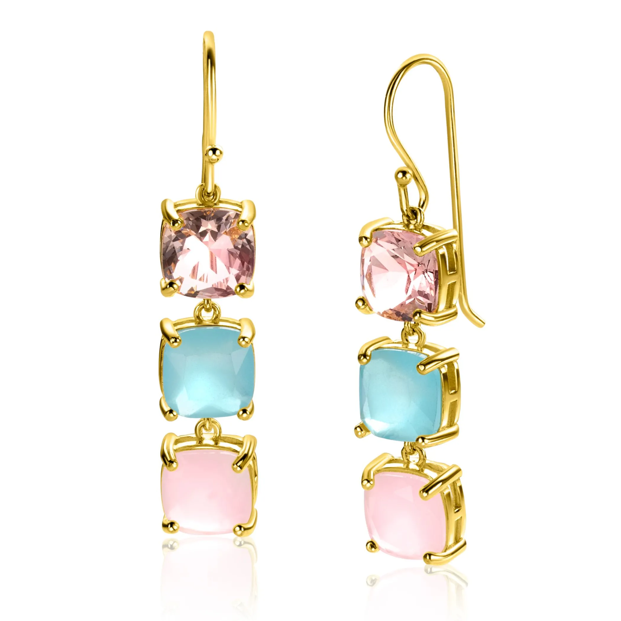 New Zinzi 43mm gold plated zilveren oorhangers met drie trendy vierkante kleurstenen in roze en turquoise ZIO2454
