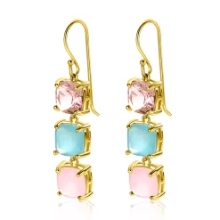 New Zinzi 43mm gold plated zilveren oorhangers met drie trendy vierkante kleurstenen in roze en turquoise ZIO2454
