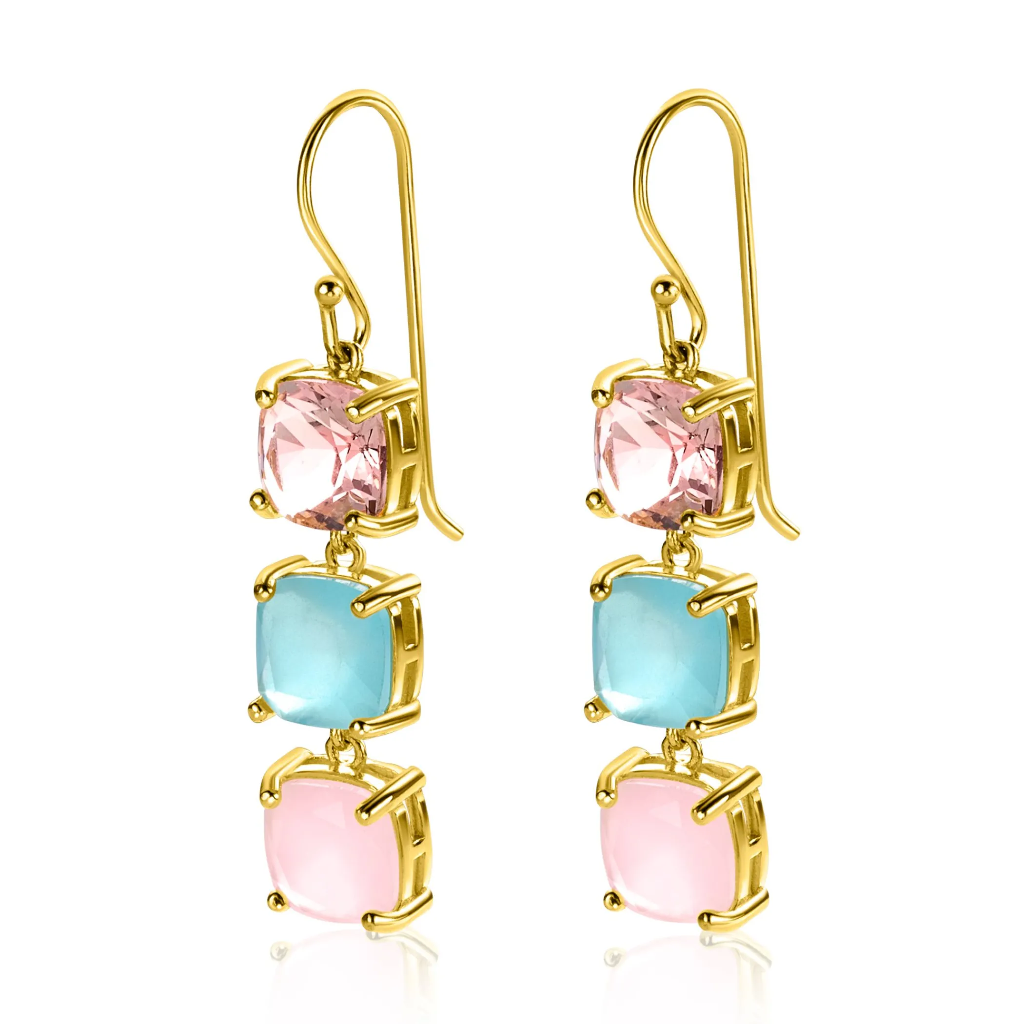 New Zinzi 43mm gold plated zilveren oorhangers met drie trendy vierkante kleurstenen in roze en turquoise ZIO2454