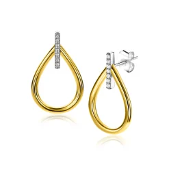 Discount Zinzi 25mm gold plated zilveren grote ovale oorstekers waarbij de top bezet is met witte zirconia's ZIO2619