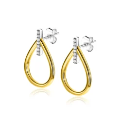 Discount Zinzi 25mm gold plated zilveren grote ovale oorstekers waarbij de top bezet is met witte zirconia's ZIO2619