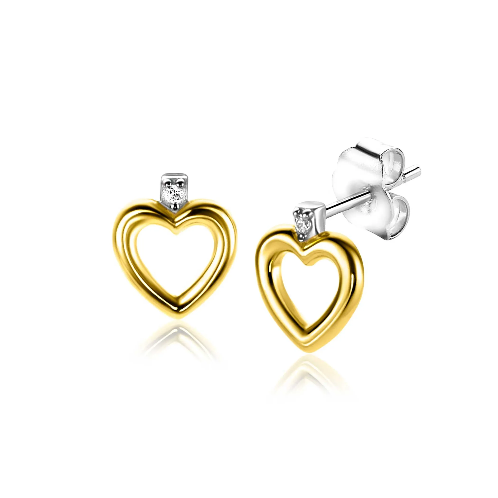 Hot Zinzi 9mm gold plated zilveren oorstekers open hartje witte zirconia ZIO2566