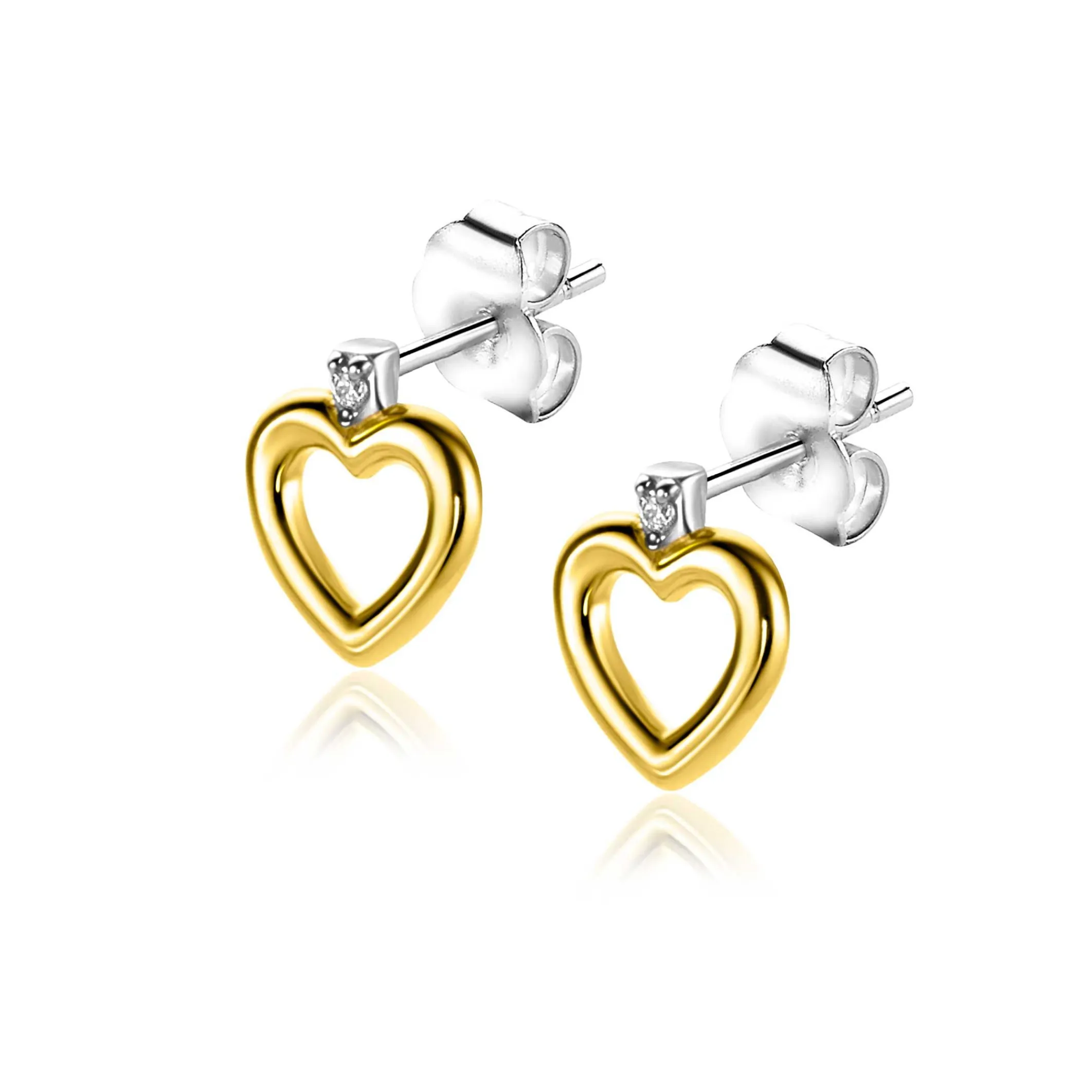 Hot Zinzi 9mm gold plated zilveren oorstekers open hartje witte zirconia ZIO2566