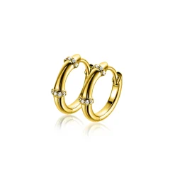 New Zinzi 15mm gold plated zilveren oorringen met bamboo uitstraling, bezet met witte zirkonia's en luxe klapsluiting ZIO2687Y