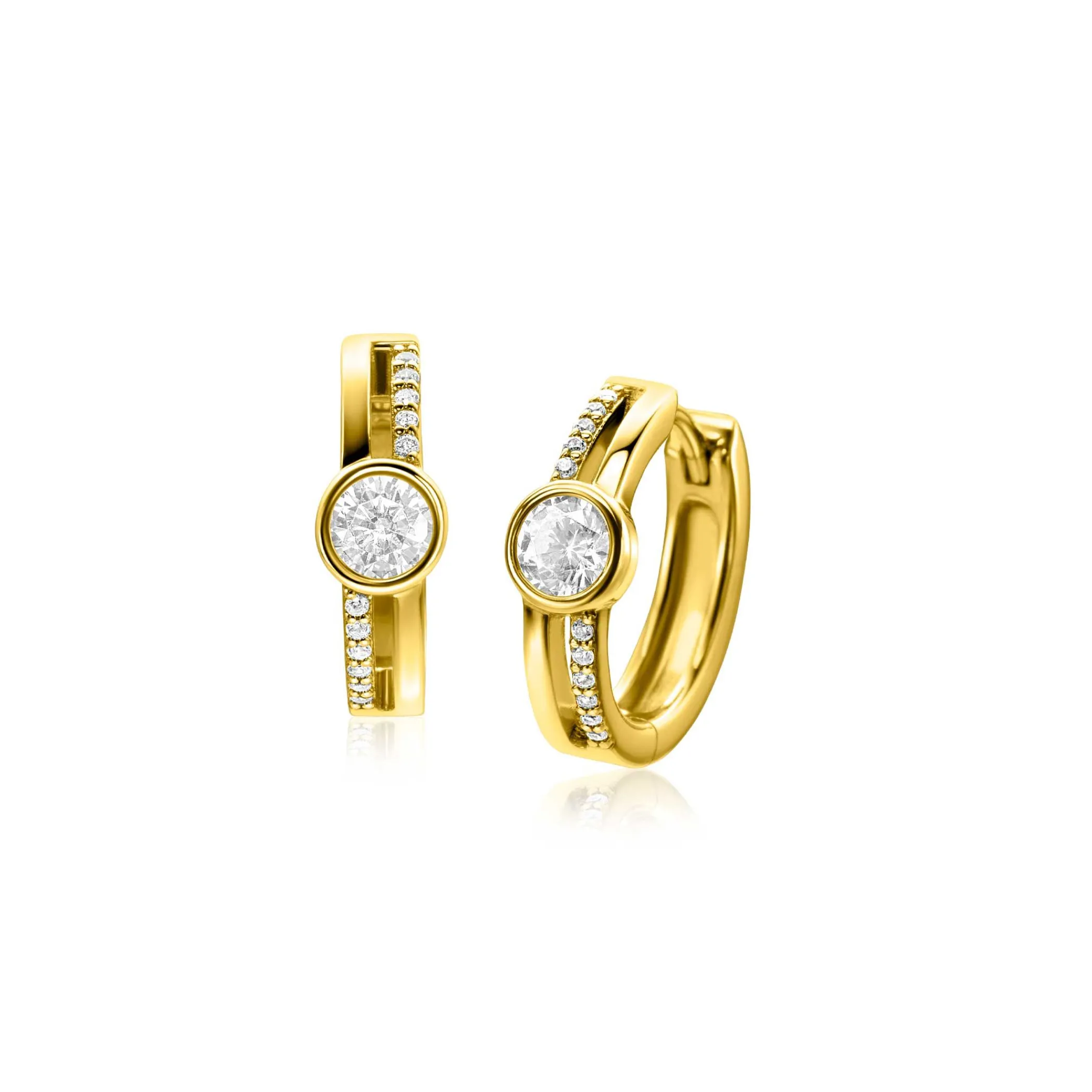 Zinzi 15,5mm gold plated zilveren oorringen met ronde kastzetting en multilook uitstraling, bezet met witte zirconia's en luxe klapsluiting ZIO2625