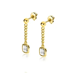 Discount Zinzi 25mm gold plated zilveren oorstekers met gourmet kettinkje en vierkante zetting bezet met witte zirconia ZIO2417Y