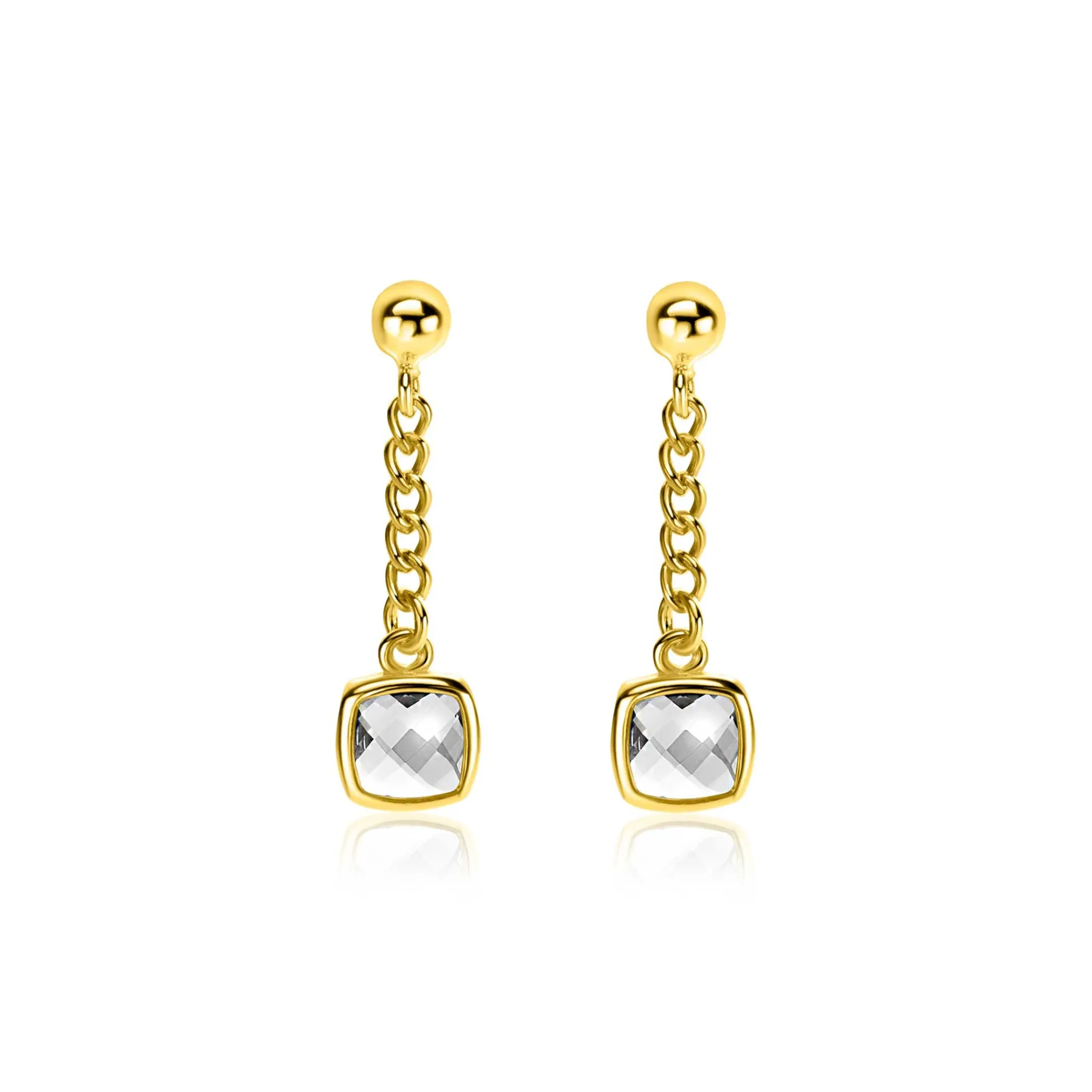 Discount Zinzi 25mm gold plated zilveren oorstekers met gourmet kettinkje en vierkante zetting bezet met witte zirconia ZIO2417Y