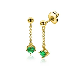 Online Zinzi 26mm gold plated zilveren oorstekers met kettinkje en een bungelende ronde groene kleursteen ZIO2660G