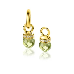 Hot Zinzi 15mm gold plated zilveren oorbedels met ronde groen peridot kleurstenen en bezet met witte zirconia's ZICH2428 (zonder oorringen)