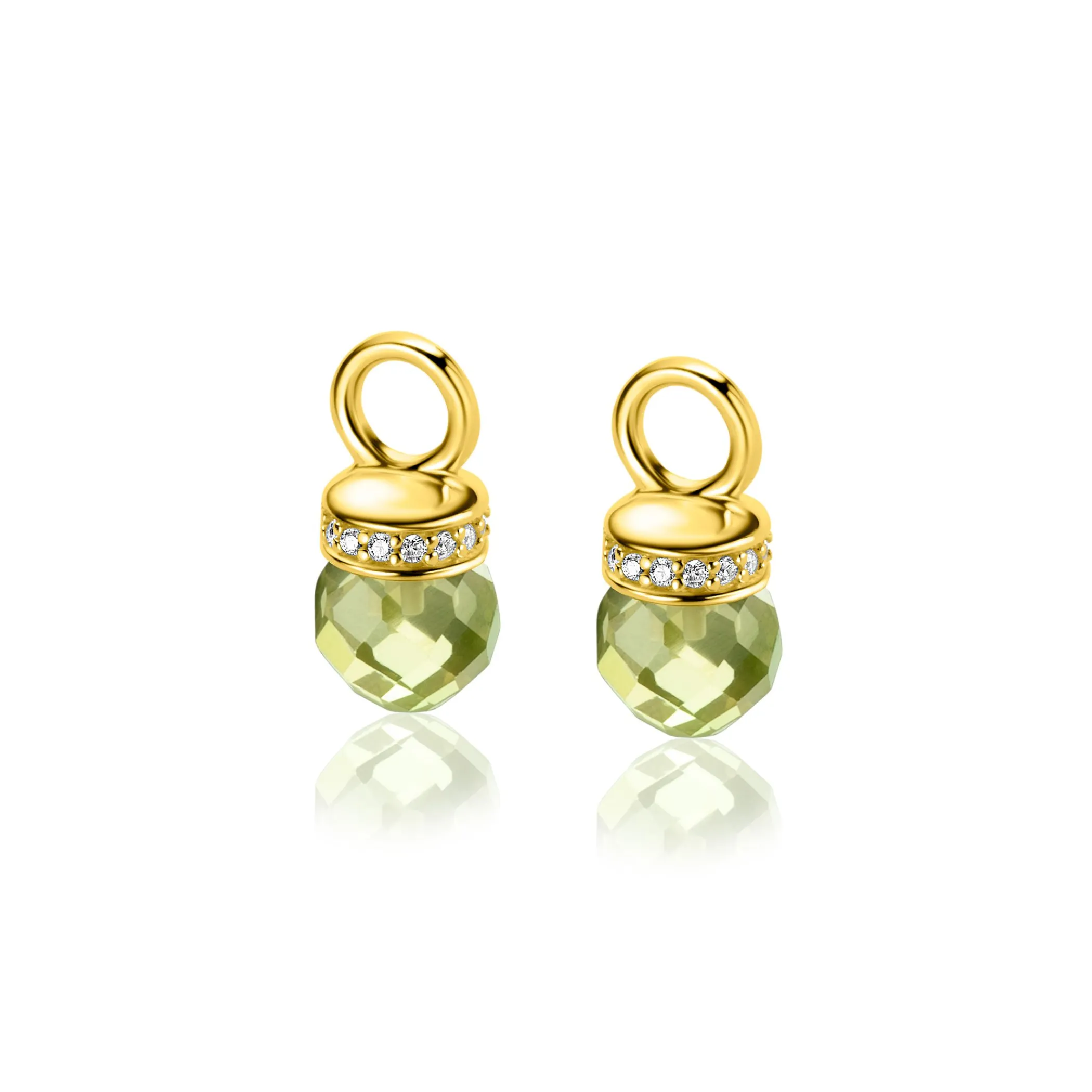 Hot Zinzi 15mm gold plated zilveren oorbedels met ronde groen peridot kleurstenen en bezet met witte zirconia's ZICH2428 (zonder oorringen)