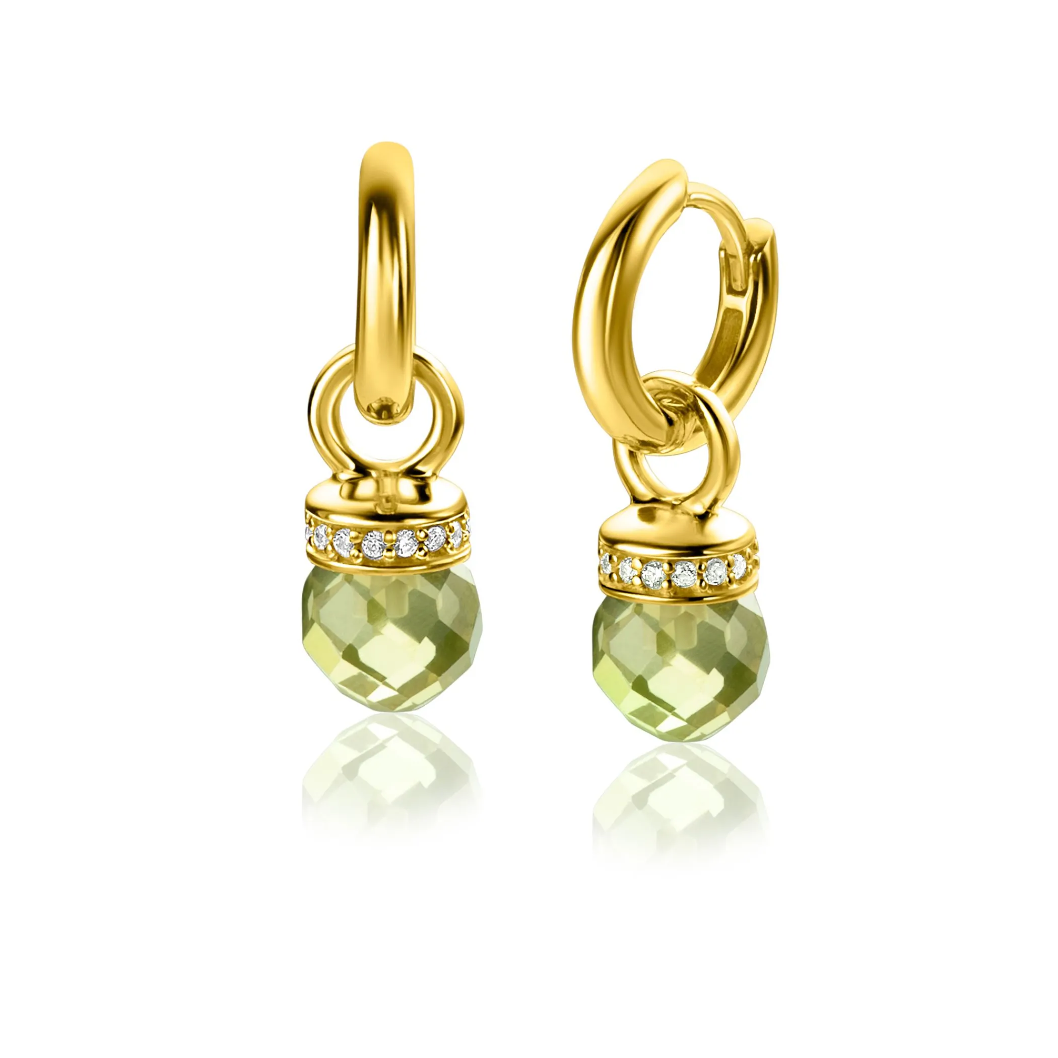 Hot Zinzi 15mm gold plated zilveren oorbedels met ronde groen peridot kleurstenen en bezet met witte zirconia's ZICH2428 (zonder oorringen)