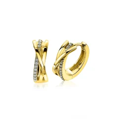 Outlet Zinzi 16mm gold plated zilveren cross-over oorringen 5,5mm breed bezet met witte zirconia's ZIO1774Y