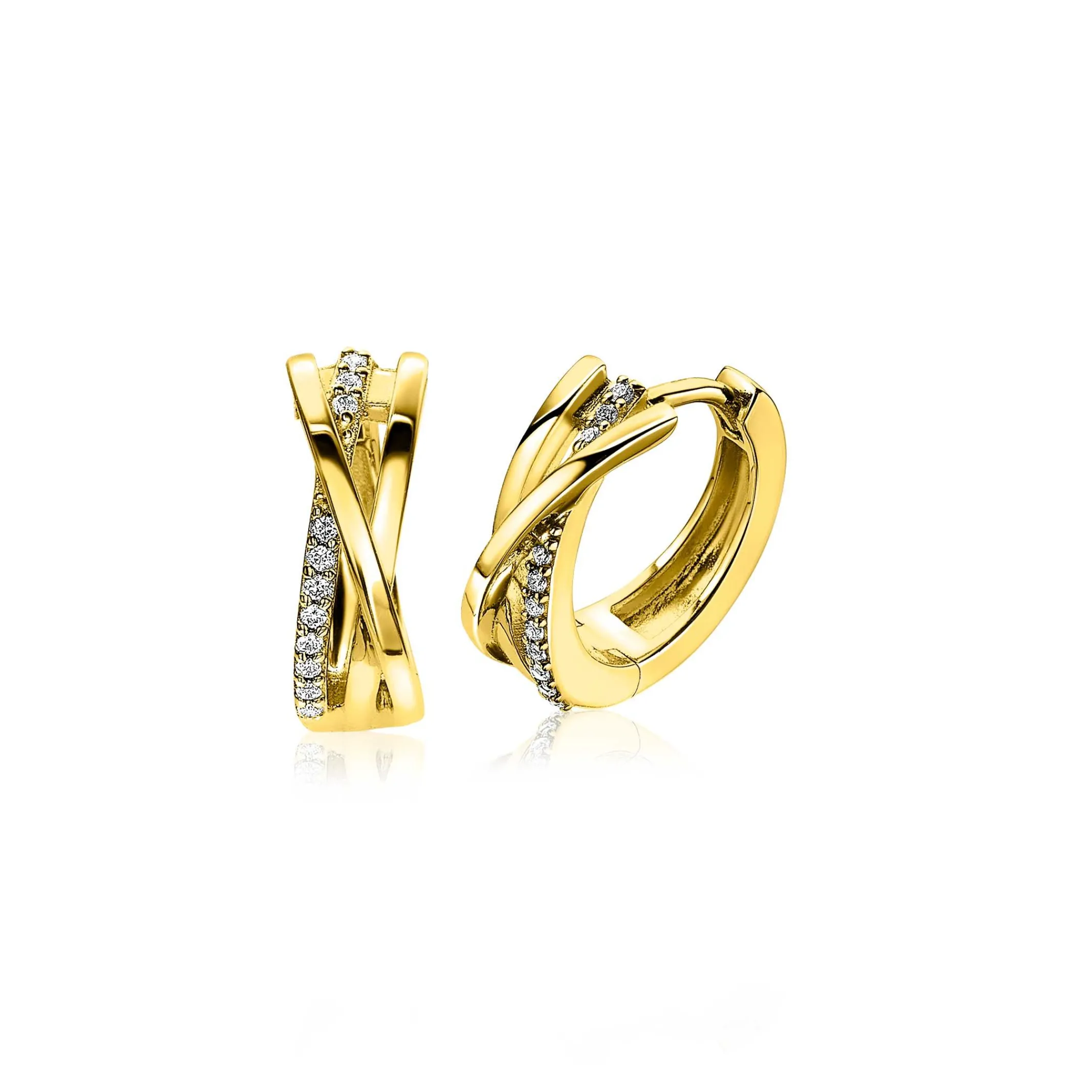 Outlet Zinzi 16mm gold plated zilveren cross-over oorringen 5,5mm breed bezet met witte zirconia's ZIO1774Y
