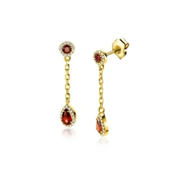 Clearance Zinzi 25mm gold plated zilveren oorstekers met schakelkettinkje en druppelvormige rood granaat kleursteen en witte zirconia's ZIO2560