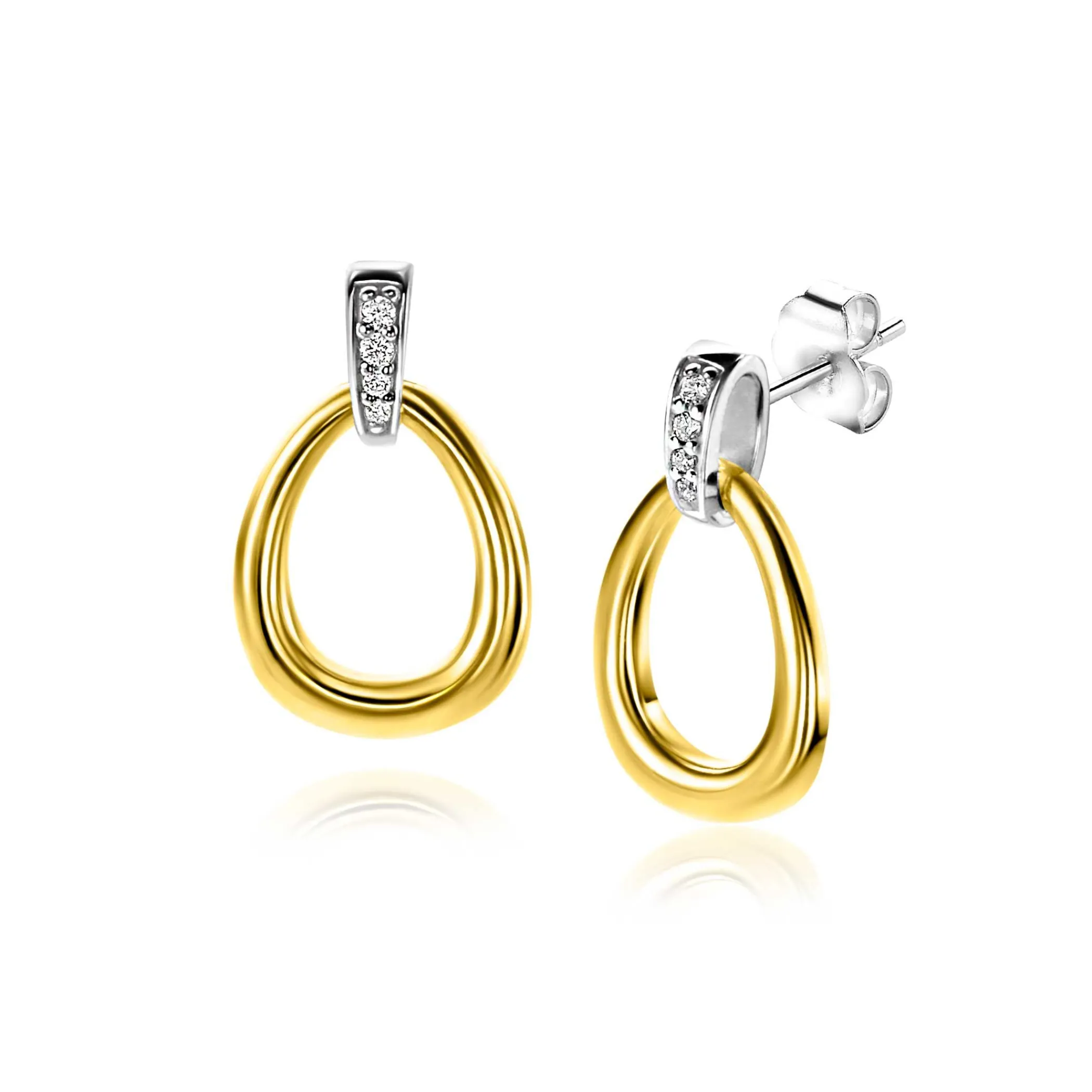 Online Zinzi 19mm gold plated zilveren bicolor oorstekers druppelvorm glad met witte zirconia's ZIO1709Y