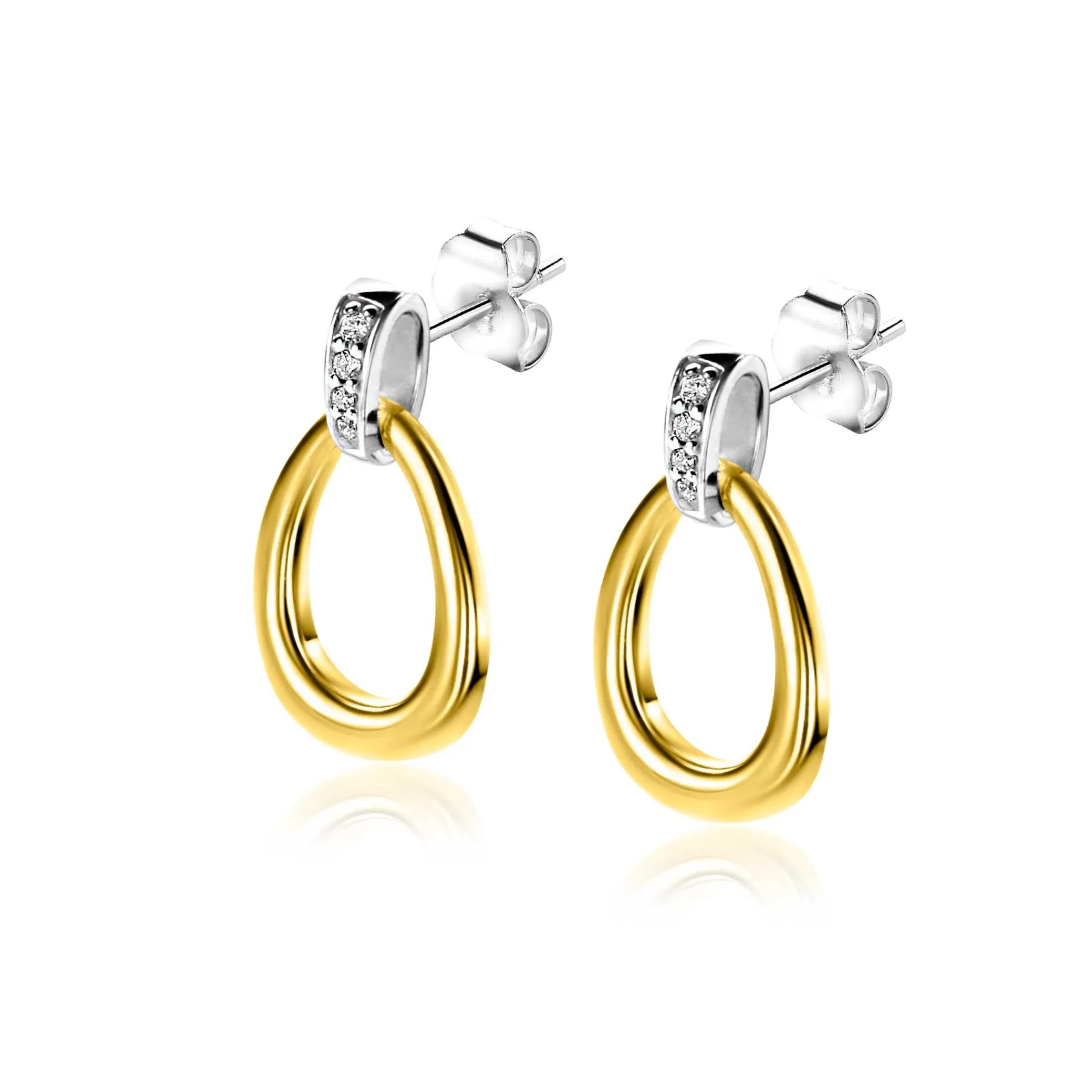 Online Zinzi 19mm gold plated zilveren bicolor oorstekers druppelvorm glad met witte zirconia's ZIO1709Y
