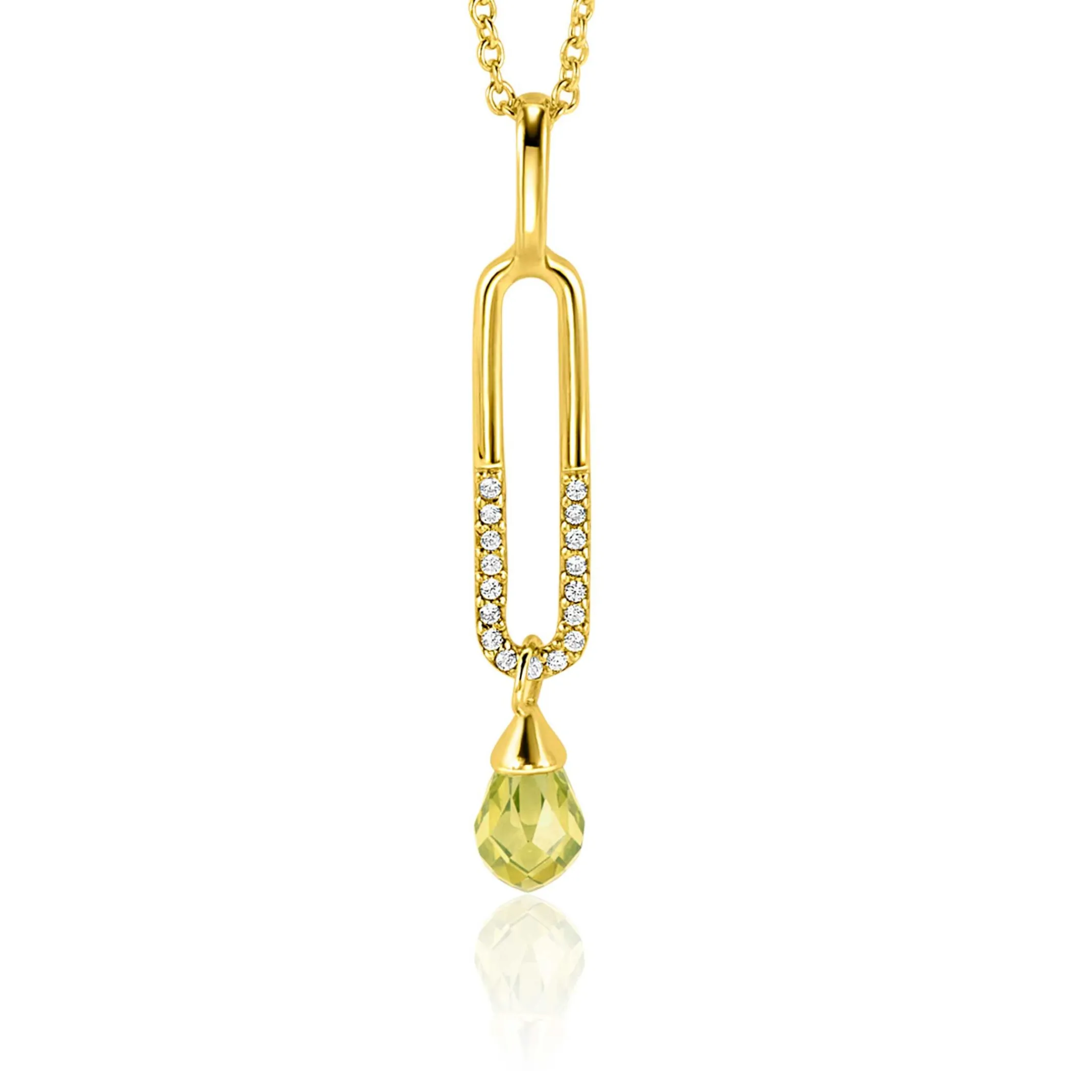 Zinzi 37mm gold plated zilveren hanger met trendy open ovale vorm en peervormige hanger groen peridot ZIH2430 (zonder collier)