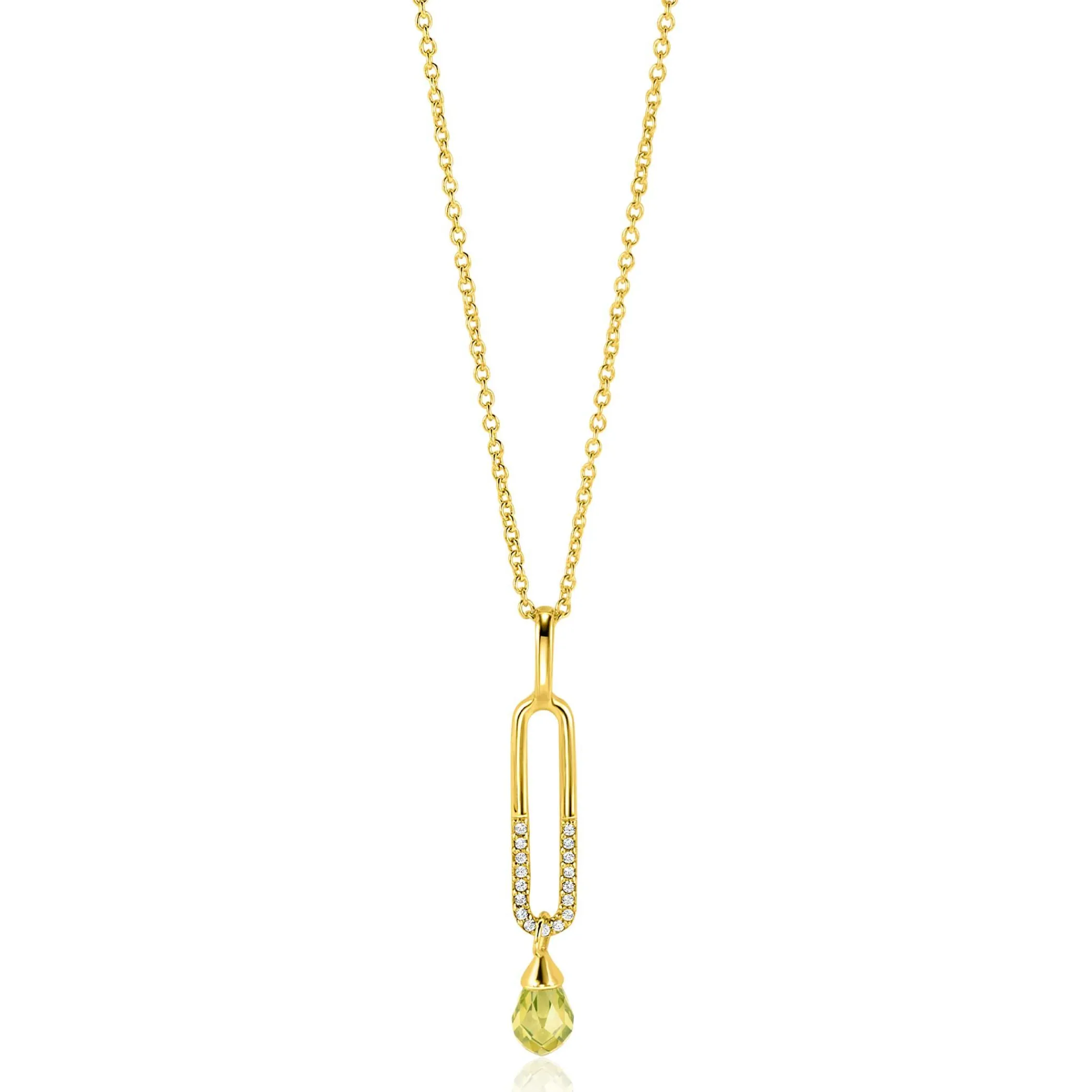 Zinzi 37mm gold plated zilveren hanger met trendy open ovale vorm en peervormige hanger groen peridot ZIH2430 (zonder collier)