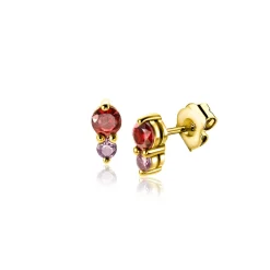 Zinzi 6,5mm gold plated zilveren oorknoppen ronde chatonzettingen rood granaat en paarse kleurstenen ZIO2563