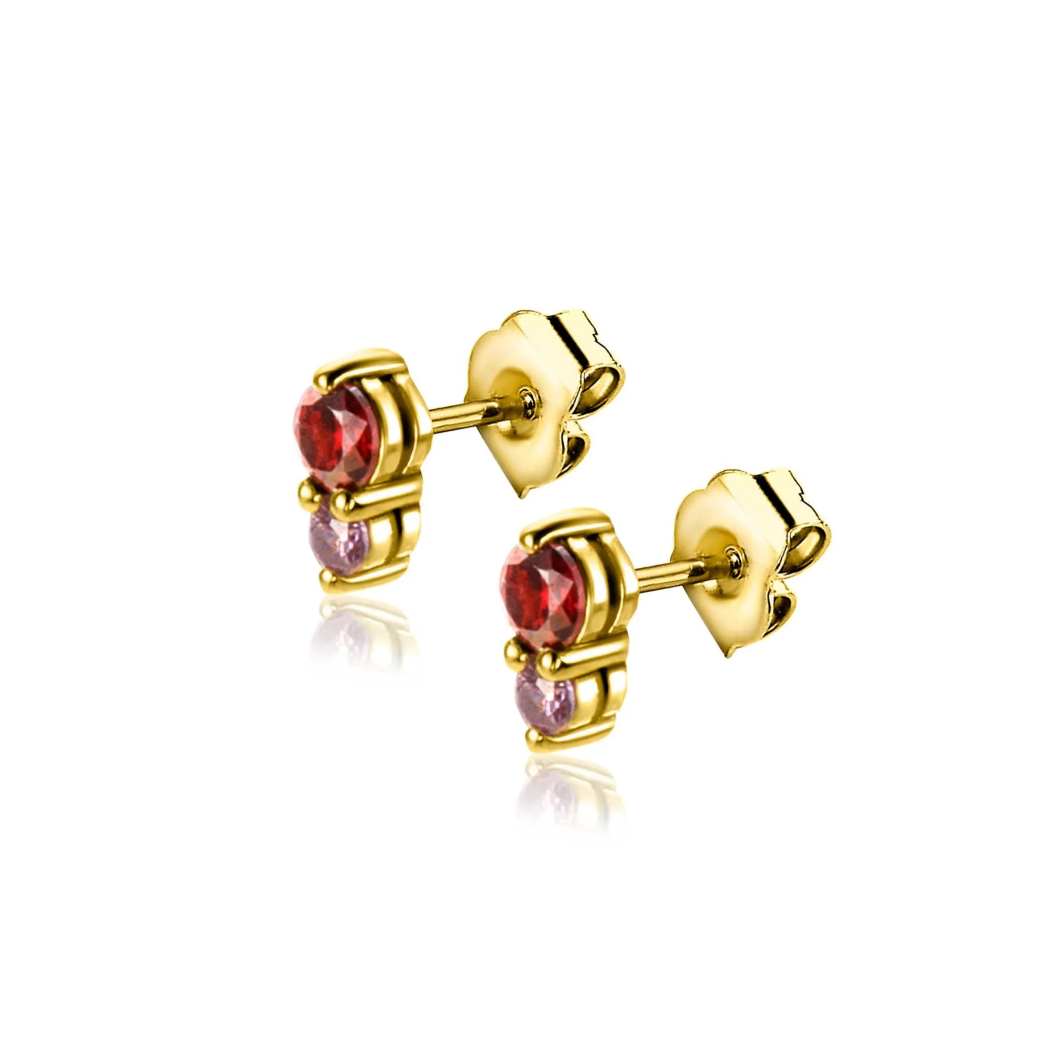 Zinzi 6,5mm gold plated zilveren oorknoppen ronde chatonzettingen rood granaat en paarse kleurstenen ZIO2563