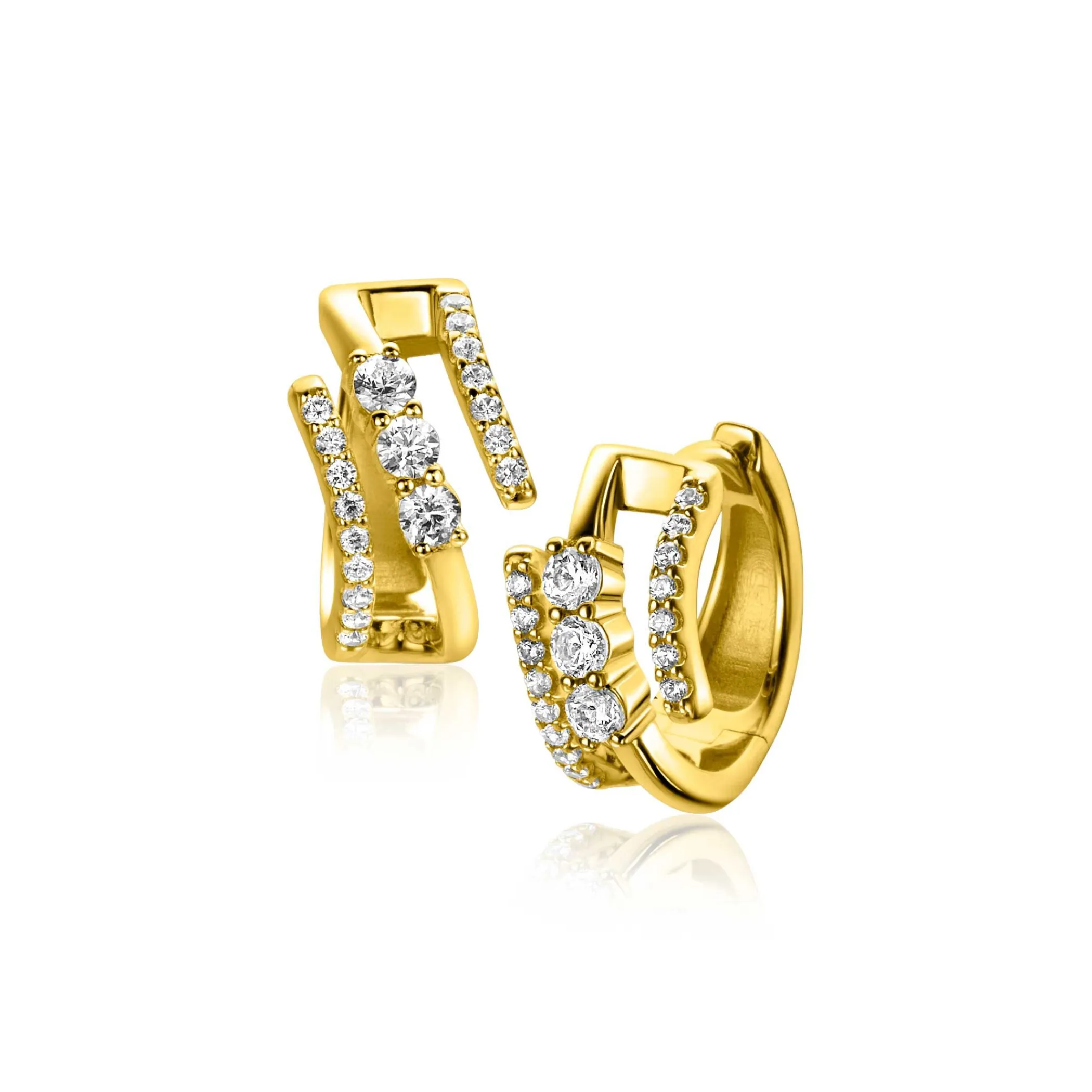 Online Zinzi 16mm gold plated zilveren multi-look oorringen met 3 rijen, bezet met witte zirconia's 9mm breed met luxe klapsluiting ZIO2645Y