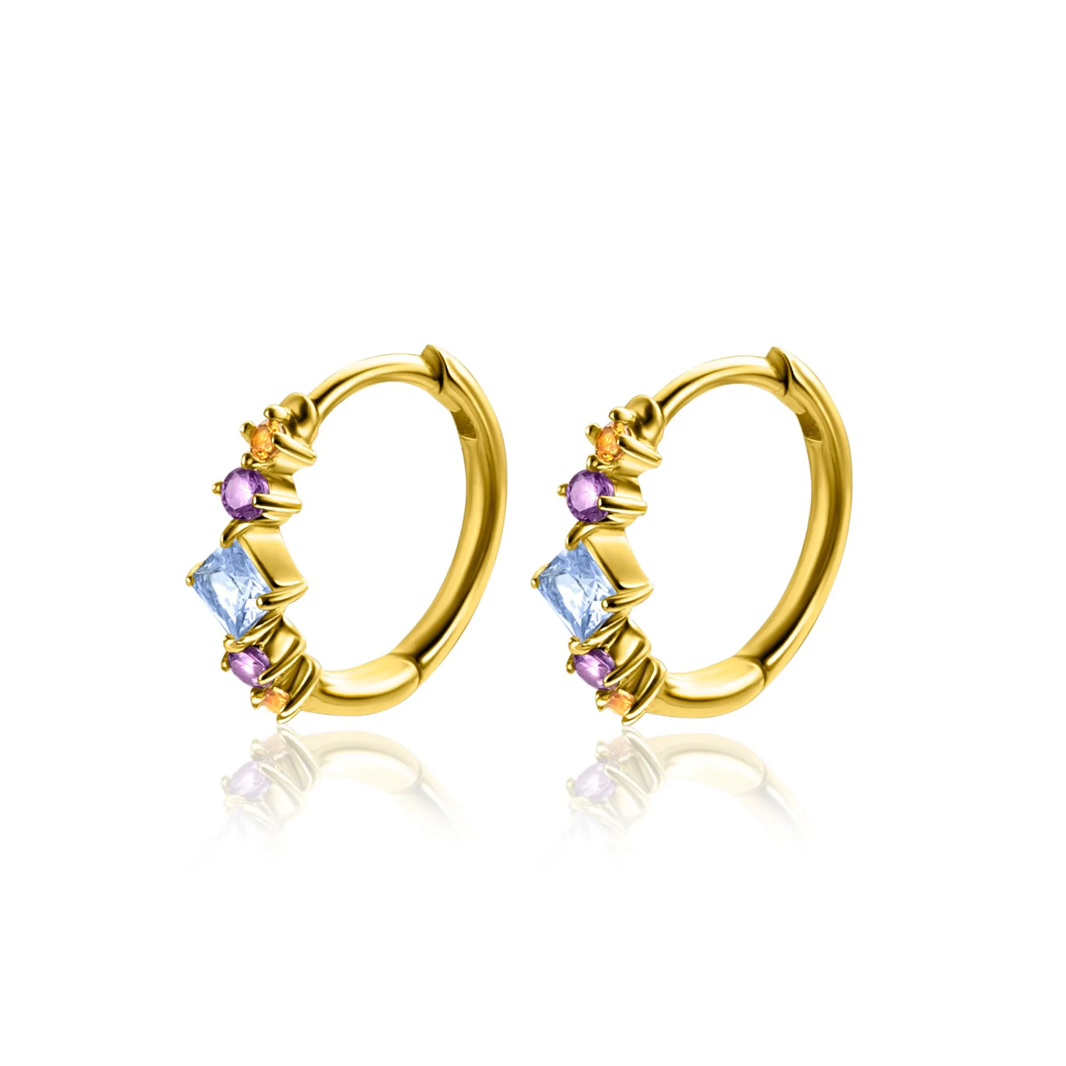Outlet Zinzi 15mm gold plated zilveren oorringen met blauw, paars en champagne kleurstenen in ruitvorm, met luxe klap-sluiting 15x2mm ZIO2443