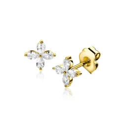 Best Zinzi 7,5mm gold plated zilveren oorknoppen met bloem bezet met vier druppelvormige witte zirconia's ZIO2624